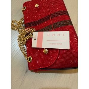 UNNI Red Rhinestone Striped Crossbody Bag Gold Chain TG10243 NEW